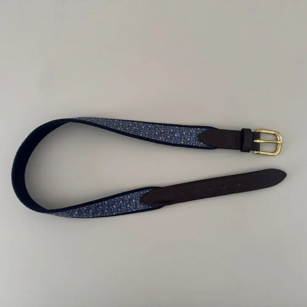 Vineyard Vines Blue Football Print Canvas Leather Belt Size 26 Brass Buckle
